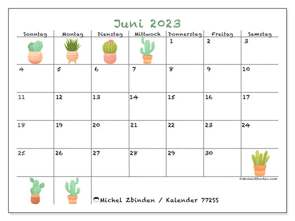 Kalender zum Ausdrucken, Juni 2023, 772SS
