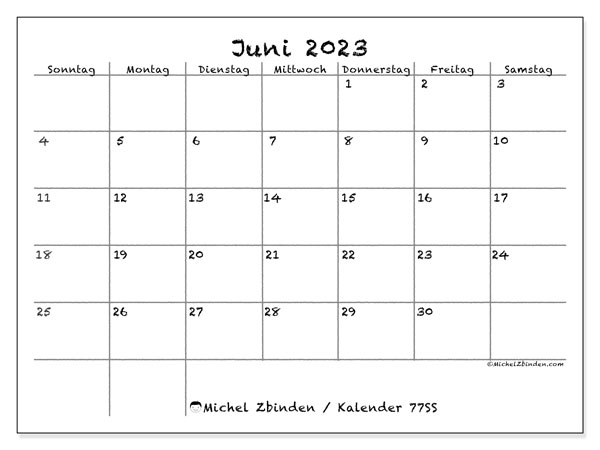 Kalender Juni 2023, 77SS. Plan zum Ausdrucken kostenlos.