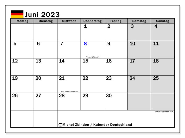Kalender Juni 2023, Deutschland. Kalender zum Ausdrucken kostenlos.