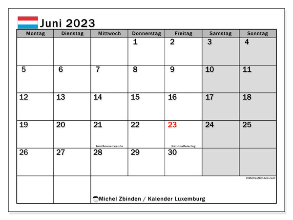 Kalender Juni 2023 “Luxemburg”. Plan zum Ausdrucken kostenlos.. Montag bis Sonntag