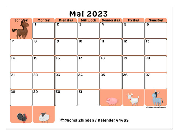 Kalender Mai 2023 “444”. Plan zum Ausdrucken kostenlos.. Sonntag bis Samstag