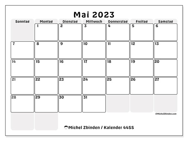 Kalender Mai 2023 “44”. Programm zum Ausdrucken kostenlos.. Sonntag bis Samstag