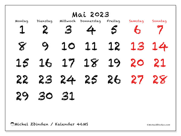 Kalender Mai 2023 zum ausdrucken. Monatskalender “46MS” und kostenloser Zeitplan zum ausdrucken