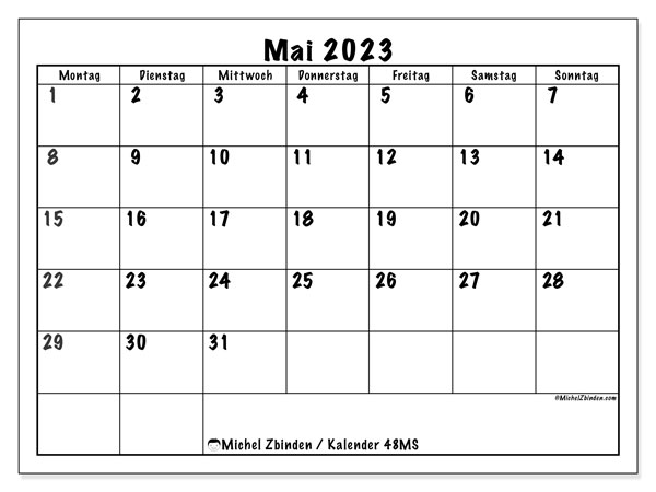 Kalender Mai 2023, 48MS, druckfertig und kostenlos.