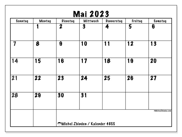 Kalender Mai 2023, 48SS. Plan zum Ausdrucken kostenlos.