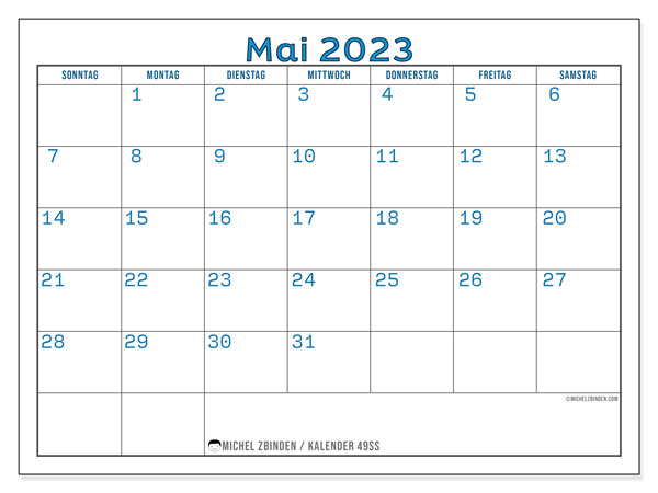 Kalender zum Ausdrucken, Mai 2023, 49SS
