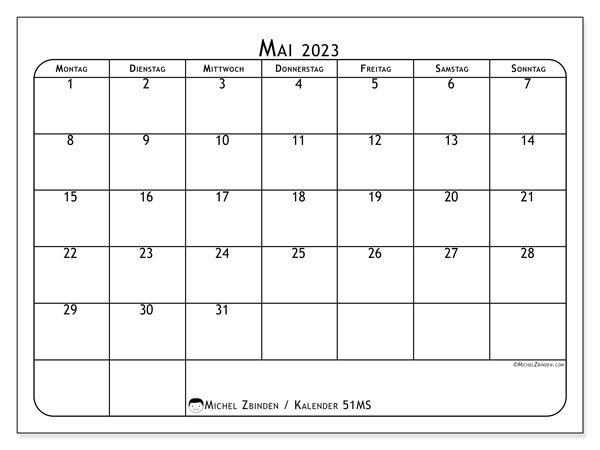 Kalender Mai 2023 zum ausdrucken. Monatskalender “51MS” und kostenloser Planung zum ausdrucken