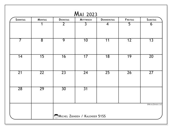 Kalender zum Ausdrucken, Mai 2023, 51SS