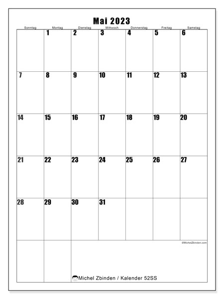 Kalender Mai 2023, 52SS. Plan zum Ausdrucken kostenlos.