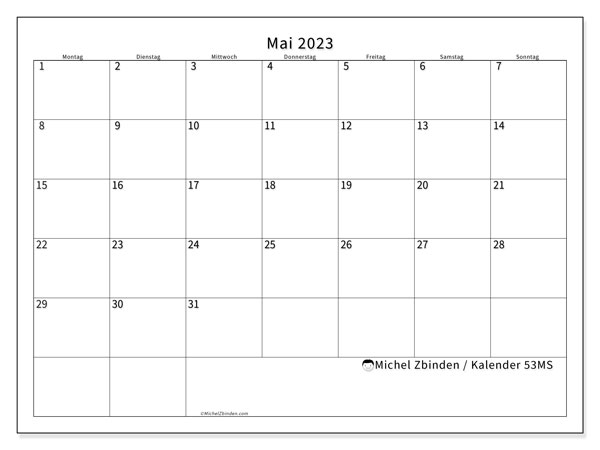 Kalender Mai 2023, 53MS. Plan zum Ausdrucken kostenlos.
