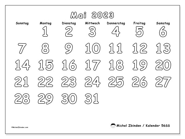 Kalender zum Ausdrucken, Mai 2023, 56SS