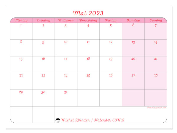 63MS-Kalender, Mai 2023, zum Ausdrucken, kostenlos. Kostenlos ausdruckbarer Plan