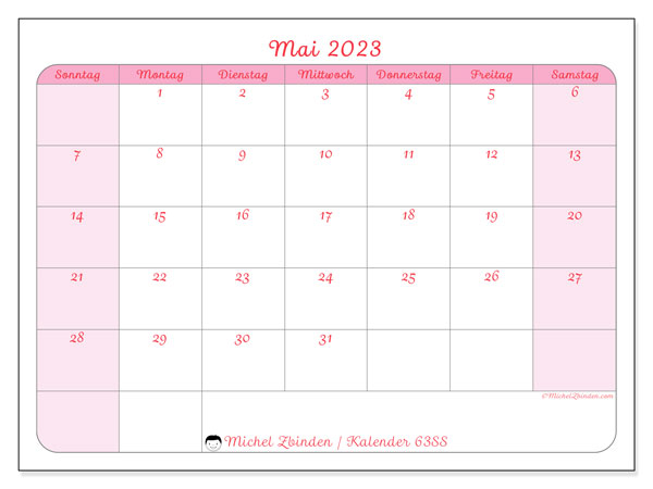 Kalender Mai 2023, 63SS. Plan zum Ausdrucken kostenlos.