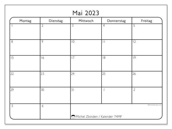 Kalender Mai 2023, 74SS. Plan zum Ausdrucken kostenlos.