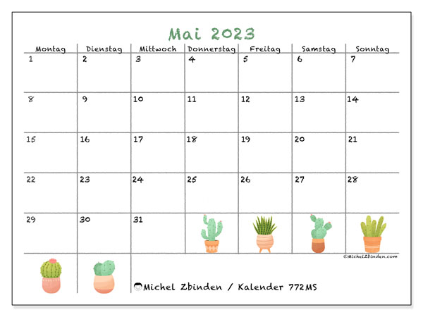 Kalender Mai 2023 “772”. Plan zum Ausdrucken kostenlos.. Montag bis Sonntag