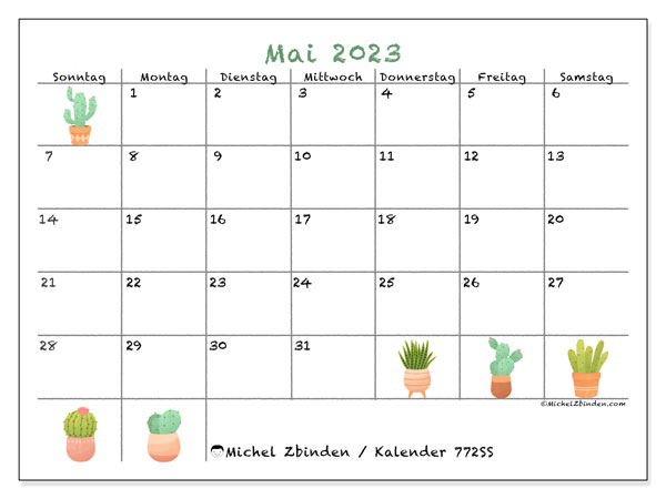 Kalender Mai 2023 “772”. Plan zum Ausdrucken kostenlos.. Sonntag bis Samstag