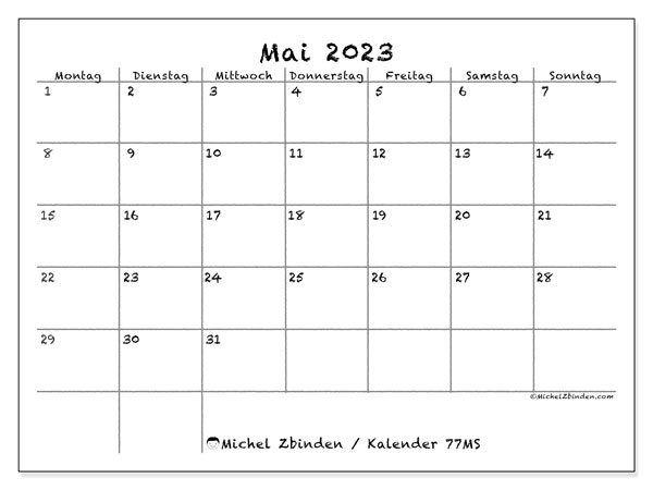 Kalender Mai 2023, 77MS. Plan zum Ausdrucken kostenlos.