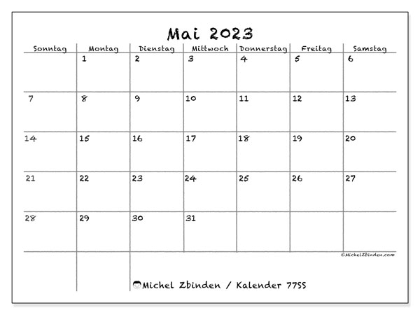 Kalender zum Ausdrucken, Mai 2023, 77SS