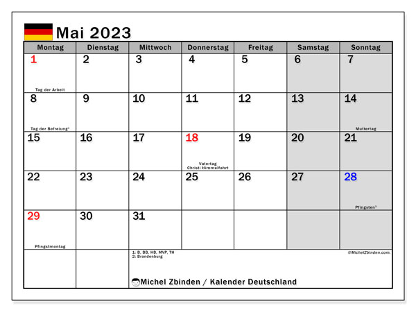 Kalenteri toukokuu 2023, Saksa (DE). Ilmainen tulostettava kalenteri.