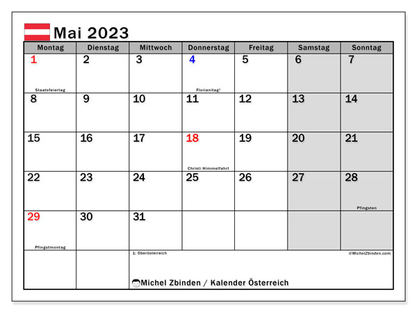 Kalender mei 2023, Oostenrijk (DE). Gratis printbaar schema.