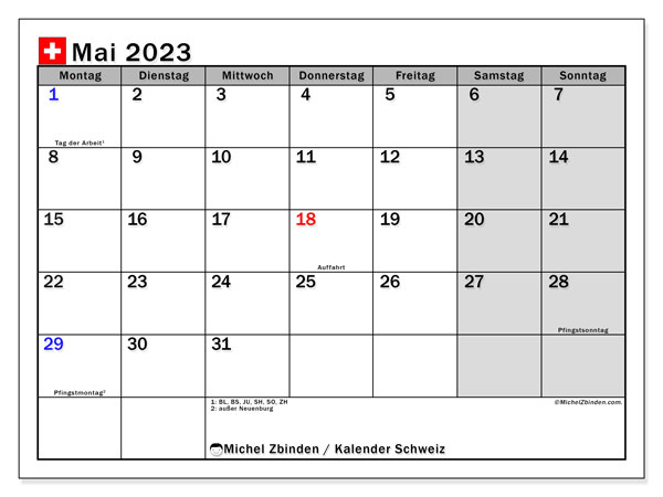 Schweiz, Kalender Mai 2023, zum Ausdrucken, kostenlos.