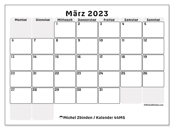 44MS-Kalender, März 2023, zum Ausdrucken, kostenlos. Kostenlos ausdruckbarer Zeitplan