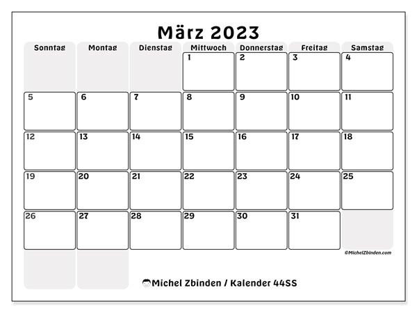Kalender zum Ausdrucken, März 2023, 44SS