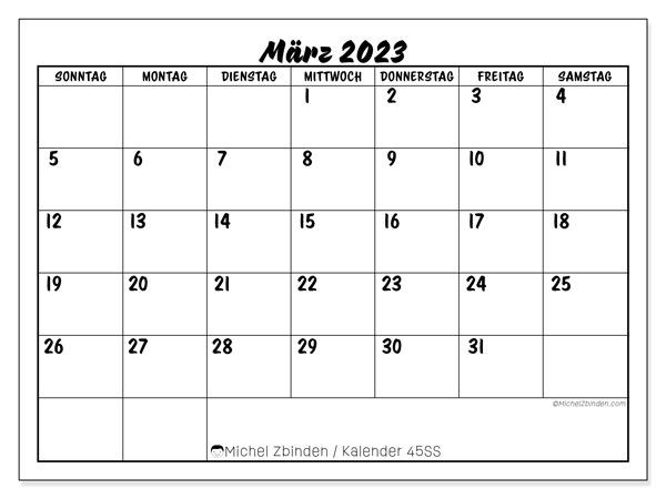 Kalender zum Ausdrucken, März 2023, 45SS