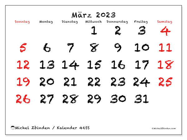 Kalender März 2023 zum ausdrucken. Monatskalender “46SS” und Zeitplan zum kostenlosen ausdrucken