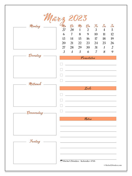 47MS-Kalender, März 2023, zum Ausdrucken, kostenlos. Stundenplan zum kostenlos ausdrucken