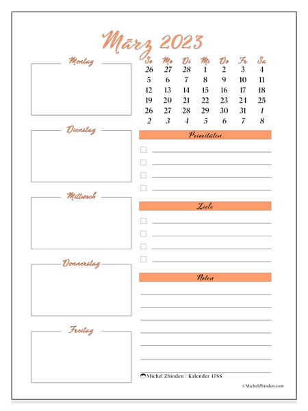 47SS-Kalender, März 2023, zum Ausdrucken, kostenlos. Kostenlos ausdruckbarer Terminkalender