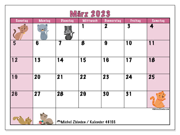 Kalender zum Ausdrucken, März 2023, 481SS