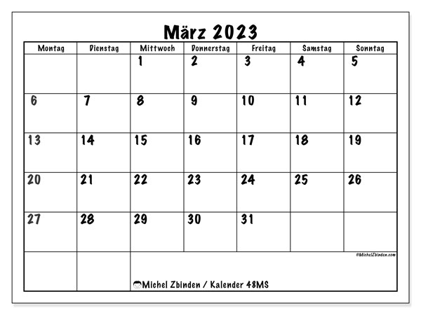 Kalender zum ausdrucken, März 2023, 48MS