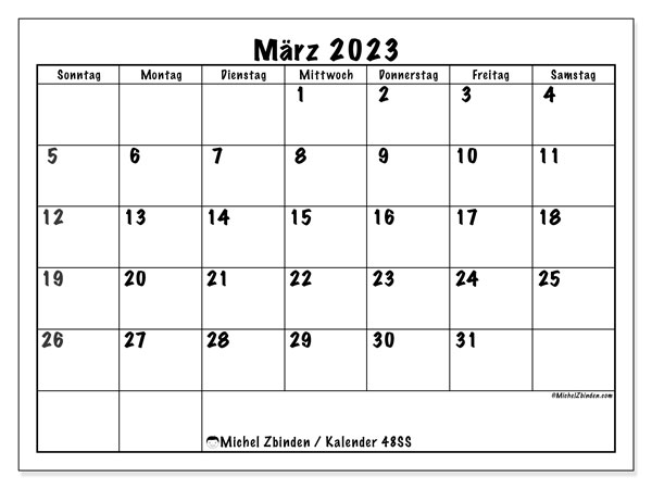 Kalender zum Ausdrucken, März 2023, 48SS