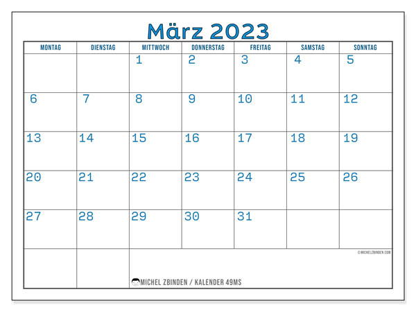 49MS, Kalender März 2023, zum Ausdrucken, kostenlos.