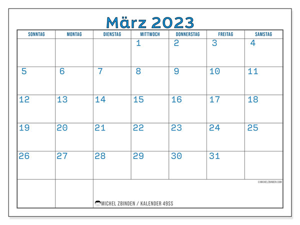 Kalender zum Ausdrucken, März 2023, 49SS