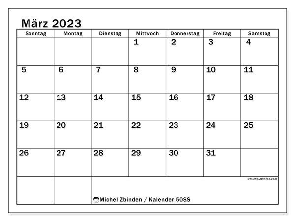 Kalender zum Ausdrucken, März 2023, 50SS