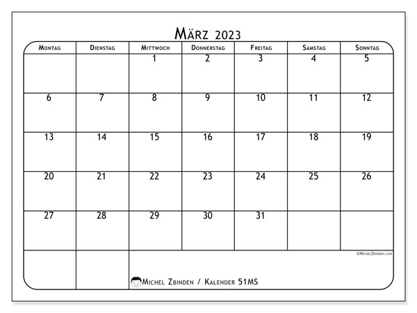 Kalender März 2023 zum ausdrucken. Monatskalender “51MS” und Zeitplan zum kostenlosen ausdrucken