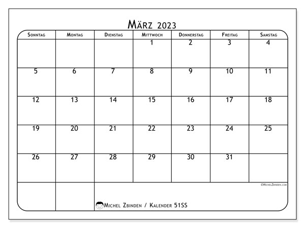 Kalender zum Ausdrucken, März 2023, 51SS