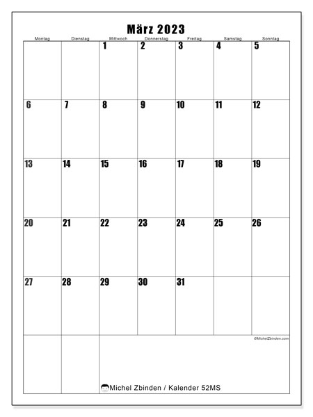Kalender zum ausdrucken, März 2023, 52MS