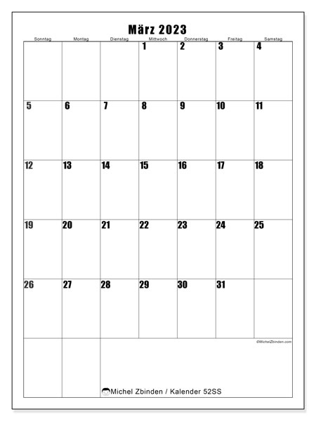 52SS-Kalender, März 2023, zum Ausdrucken, kostenlos. Stundenplan zum kostenlos ausdrucken