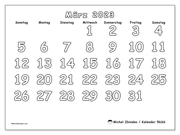 Kalender März 2023 zum ausdrucken. Monatskalender “56SS” und kostenloser Planer zum ausdrucken