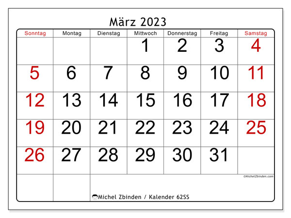 Kalender zum Ausdrucken, März 2023, 62SS