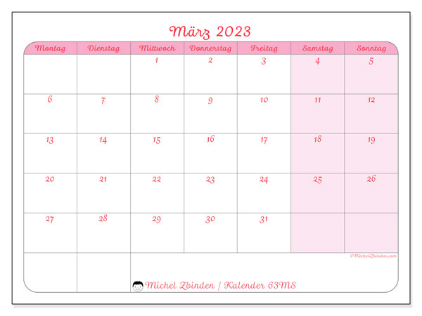 Kalender März 2023 zum ausdrucken. Monatskalender “63MS” und kostenloser Zeitplan zum ausdrucken