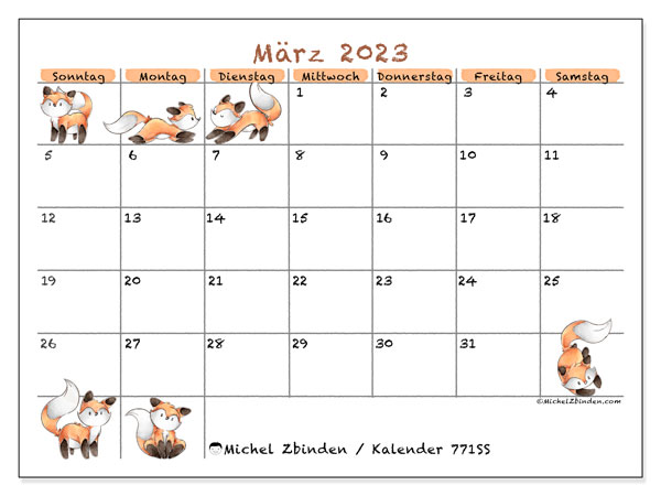 Kalender zum Ausdrucken, März 2023, 771SS