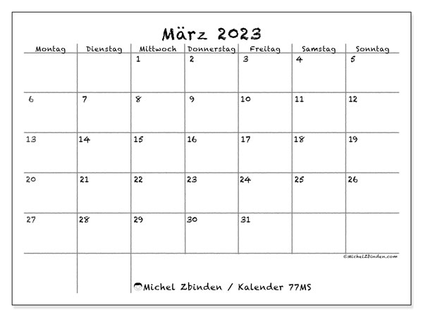 77MS-Kalender, März 2023, zum Ausdrucken, kostenlos. Kostenlos ausdruckbarer Terminkalender