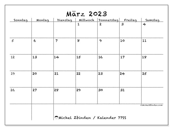 Kalender zum Ausdrucken, März 2023, 77SS