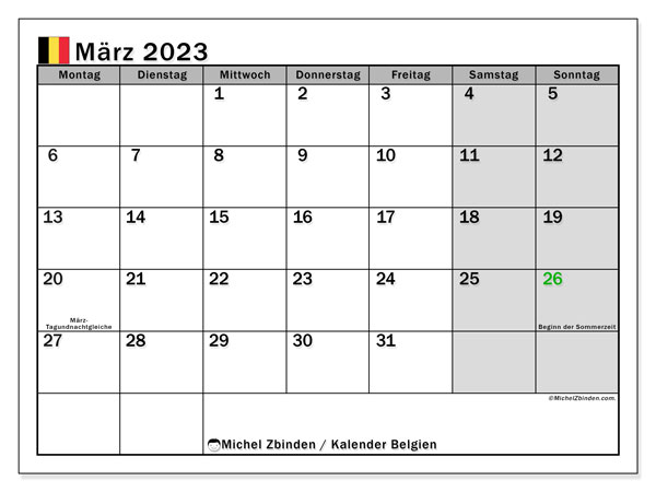 Kalender zum Ausdrucken, März 2023, Belgien