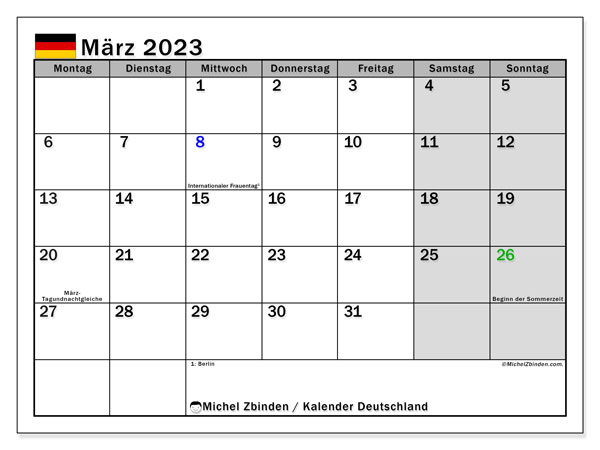 Deutschland, Kalender März 2023, zum Ausdrucken, kostenlos.