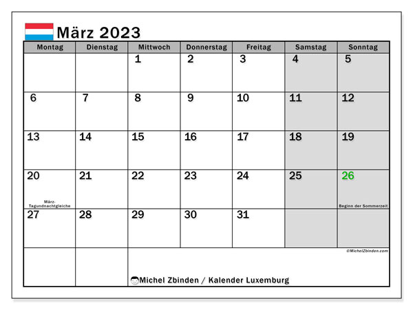 Kalender “Luxemburg” zum ausdrucken, mit Feiertagen. Monatskalender März 2023 und kostenloser Zeitplan zum ausdrucken.